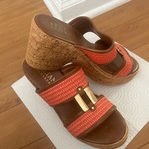 Italian Shoemakers Coral and Brown Woven Cork Wedge Sandals